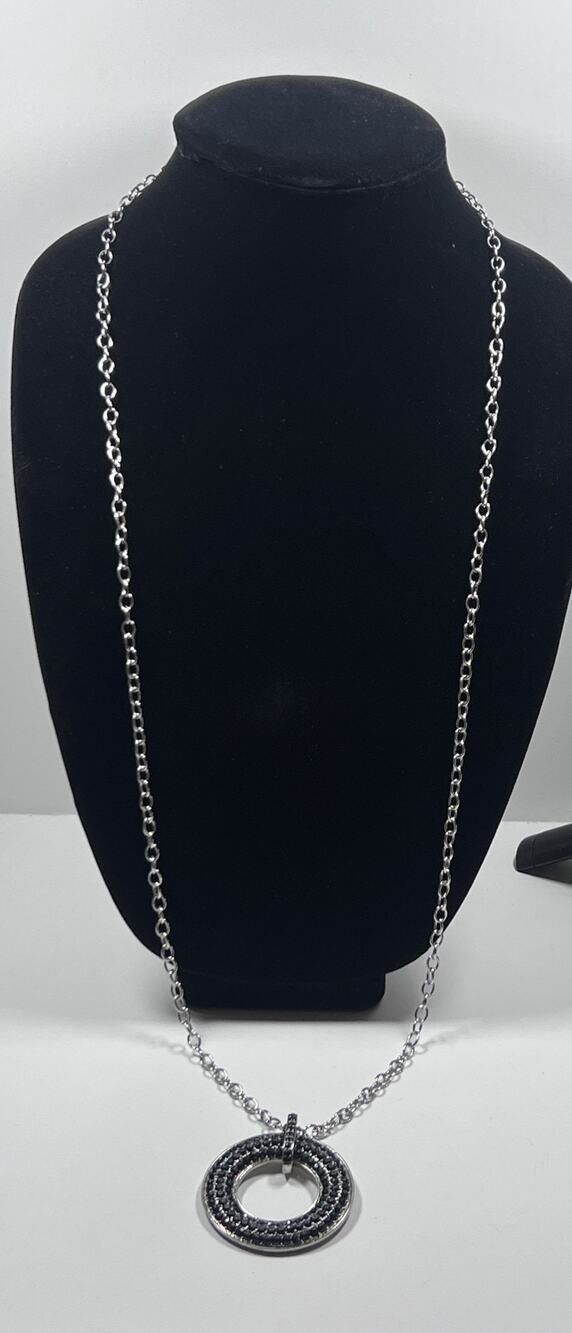 34 in Silver Tone Large Open Circle Black Rhinestone Statement Pendant Necklace